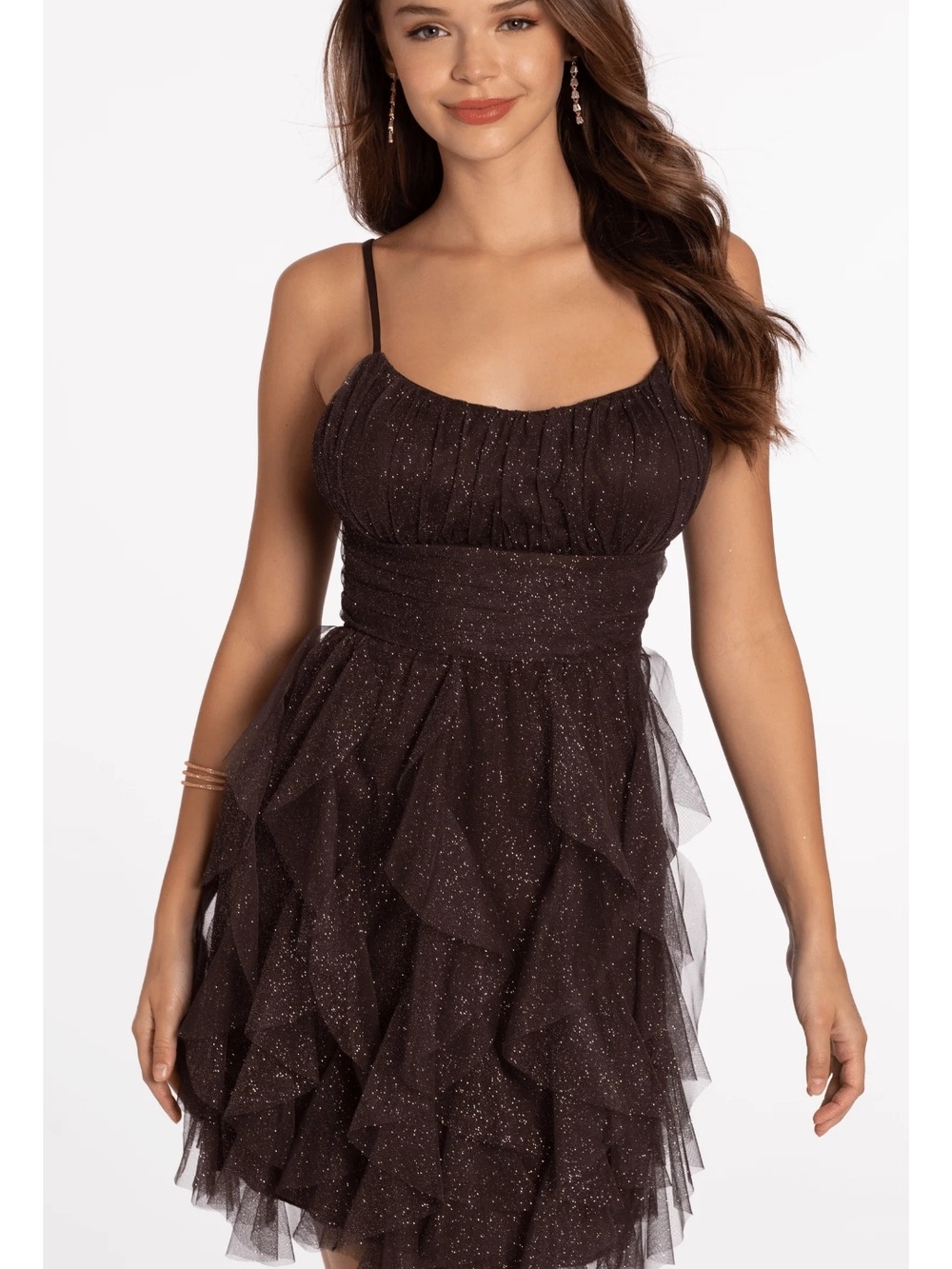 Glitter Ruffle Tulle Midi Dress in Brown